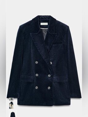 Zara Corduroy Double-Breasted Blazer Jacket - Navy